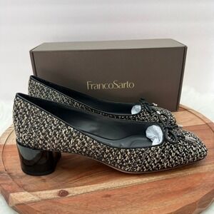 Franco Sarto Natalia2 Wmns 9 M Black Gold Tweed Block Heel Pumps Square Toe Bow‎